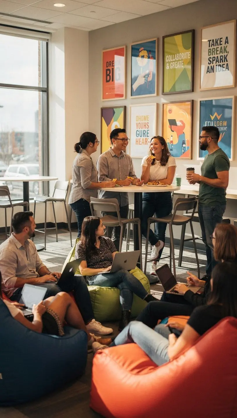 Przestrzeń do spotkań z otwartym układem, sprzyjająca interakcji między gośćmi.