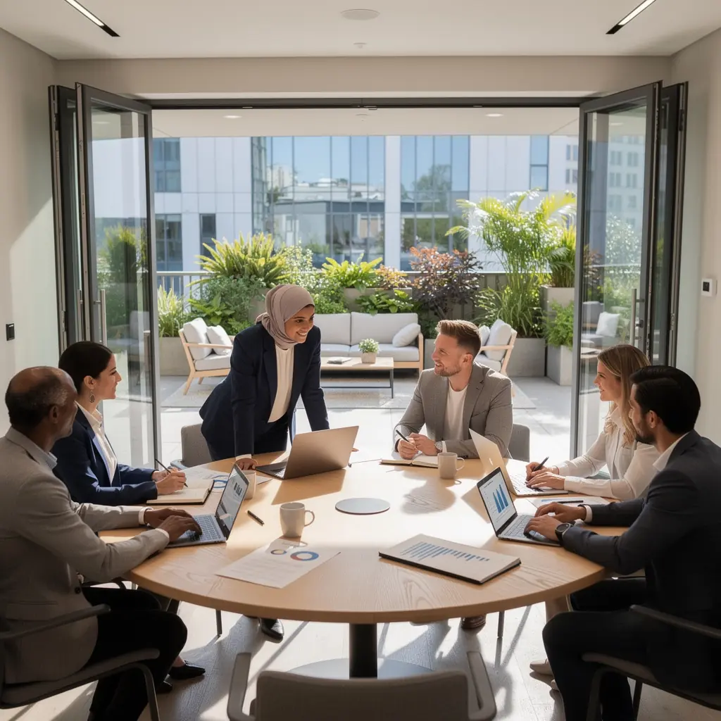 Stylowe wnętrze sali konferencyjnej z dużym stołem i ergonomicznymi krzesłami.