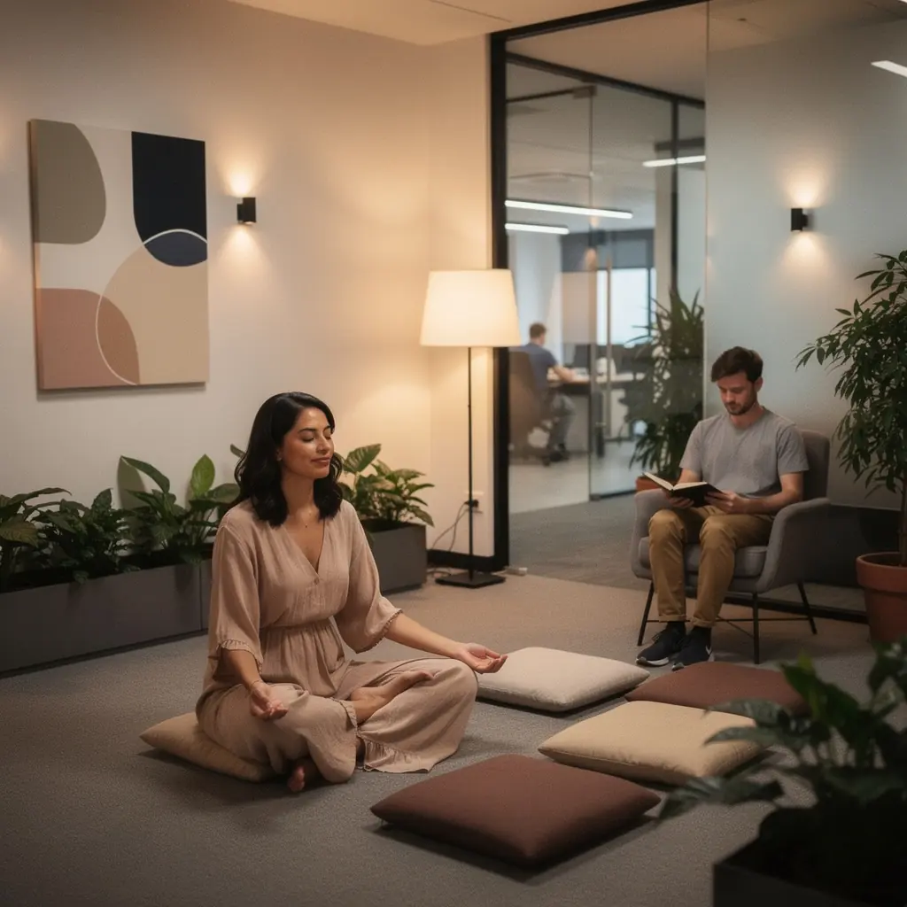 Eleganckie wnętrze biura z naturalnym światłem wpadającym przez duże okna.