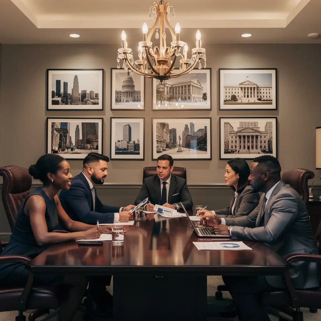 Funkcjonalny układ biura z wyraźnymi ścieżkami komunikacyjnymi dla gości.