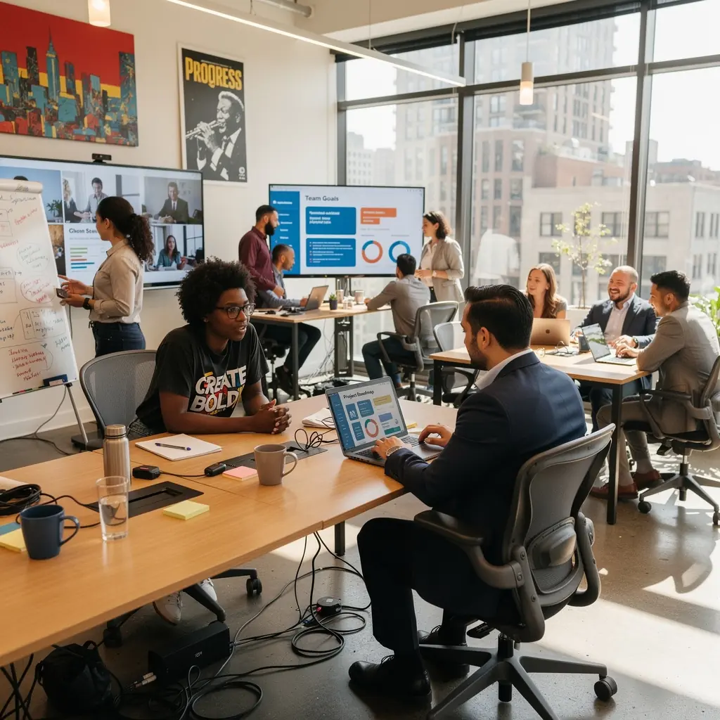 Nowoczesne biuro z przestronnym recepcyjnym obszarem i wygodnymi miejscami do siedzenia.